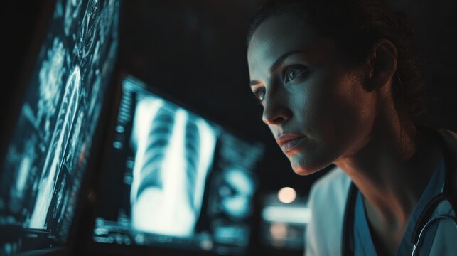 A medical professional examines radiographic images with focused attention, highlighting the importance of diagnostic imaging in healthcare.