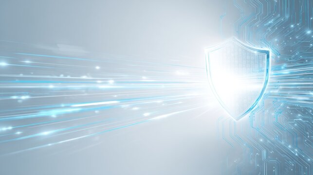 A digital shield symbolizing cybersecurity, surrounded by dynamic lines representing data flow and protection in a modern tech environment.