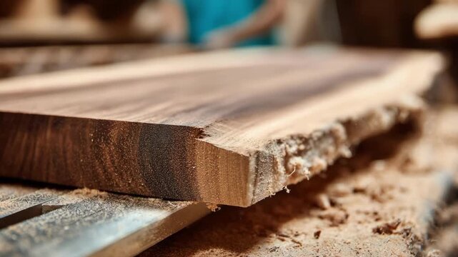Closeup medium view of thick walnut slab being carefully resawn on a precision table saw showing wood grain and sawdust in a workshop setting