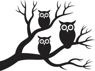 Three black owls perched on bare tree branches against a white background vector