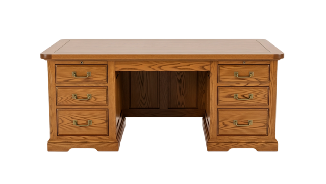 Traditional wooden executive desk features multiple storage drawers and a central leg space