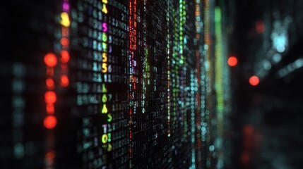 A vibrant digital display with multicolored numbers and codes, creating a futuristic, tech-inspired atmosphere.
