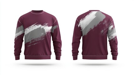 Front and back view, 3D long-sleeve jersey in deep maroon with white and gray brush strokes,  isolated on a white background