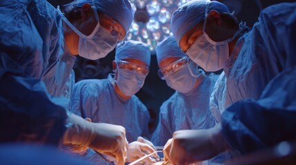 A team of surgeons in scrubs and masks collaborates in a surgical procedure, focused on the task in a dimly lit operating room.
