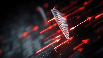 An abstract digital design featuring a central element amidst dynamic, red arrows, symbolizing speed, direction, and technology.