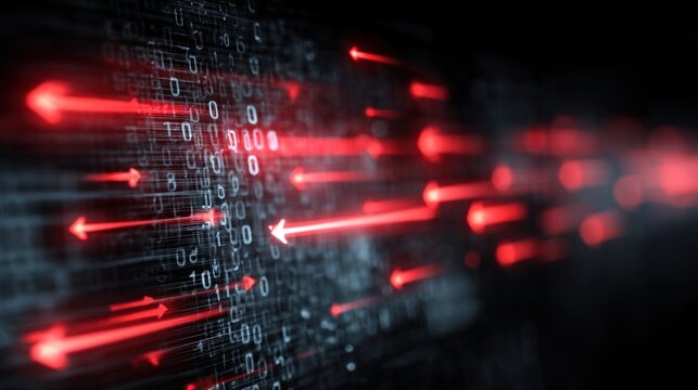 A digital abstract image featuring red arrows on a dark background, symbolizing data movement or technology.