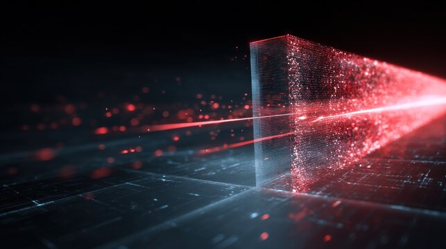 A futuristic digital landscape featuring red light beams interacting with a geometric structure, creating a dynamic visual effect.