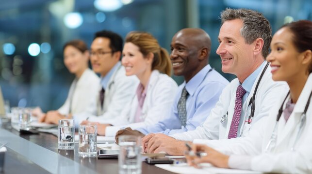 A diverse team of healthcare professionals smiling together at a conference or meeting, emphasizing collaboration and teamwork in the medical field.