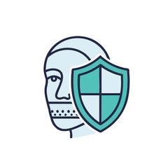 A simple vector illustration depicts a face with sealed lips, symbolizing freedom of speech and protection, next to a shield, representing security and defense.