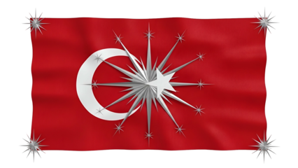 National banner design featuring a prominent crescent and numerous stylized, radiating star shapes on a deep crimson field