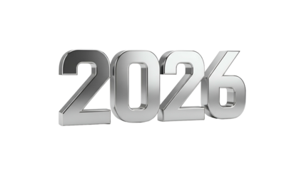 Three dimensional metallic text displaying the upcoming year twenty twenty six against a dark background