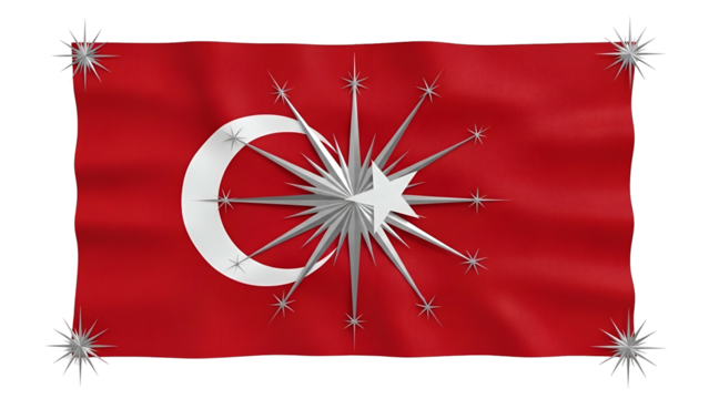 National banner design featuring a prominent crescent and numerous stylized, radiating star shapes on a deep crimson field