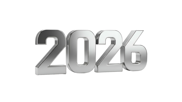 Three dimensional metallic text displaying the upcoming year twenty twenty six against a dark background