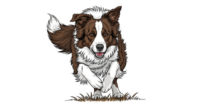 Illustration of a brown and white Border Collie running towards the viewer.