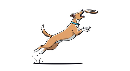 A dynamic illustration captures a joyful dog leaping high in the air, eagerly attempting to catch a flying disc with its mouth.