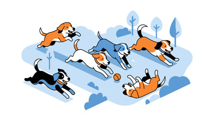 A playful group of diverse puppies joyfully frolicking and tumbling in an outdoor park setting.