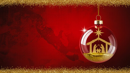 Christmas nativity scene ornament gold glitter red background holiday art
