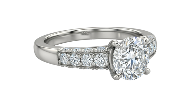 Brilliant round cut diamond set in a modern platinum band featuring pav? accents
