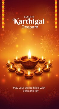 Happy karthigai deepam festival with many lit oil lamps
