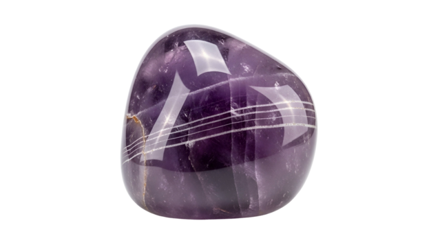 Polished deep purple mineral specimen displays internal white striations against a stark black background