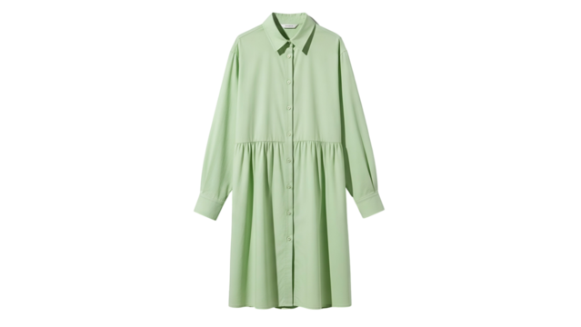 Long sleeved light green shirtdress displays gathered waist detail on a black background