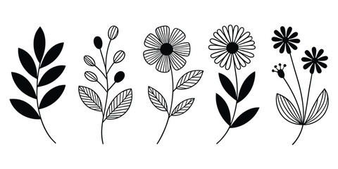 Set of minimalist vector flower and leaf illustrations in black and white