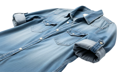 Washed light blue denim button-up garment folded on a dark background