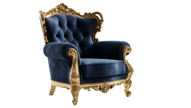 Ornate baroque armchair upholstered in deep blue velvet with elaborate gold framework presented against a solid black background