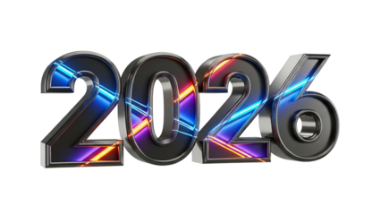 Three dimensional metallic numerals display the year two thousand twenty six against a black background