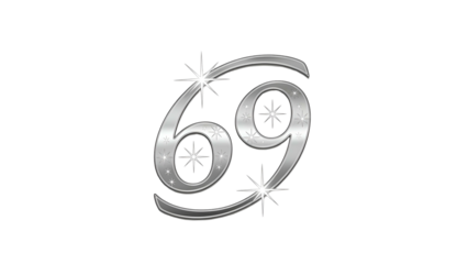 Stylized number sixty nine rendered in shining silver with sparkling accents on a black background