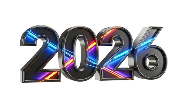 Three dimensional metallic numerals display the year two thousand twenty six against a black background