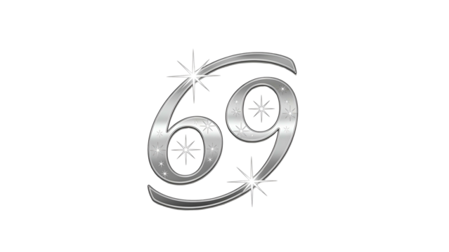 Stylized number sixty nine rendered in shining silver with sparkling accents on a black background