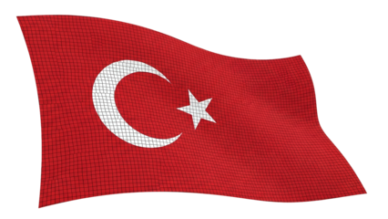 Waving national banner featuring a white crescent moon and star against a deep red field, isolated on black
