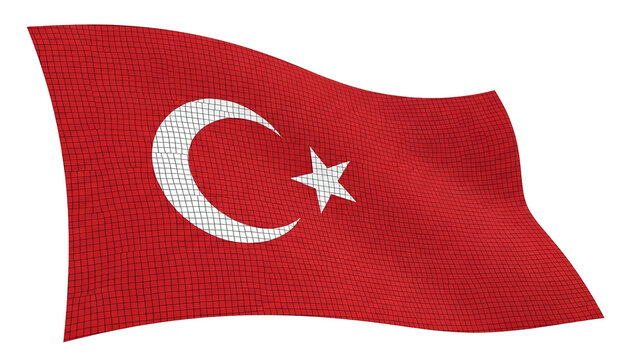 Waving national banner featuring a white crescent moon and star against a deep red field, isolated on black