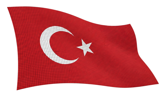 Waving national banner featuring a white crescent moon and star against a deep red field, isolated on black