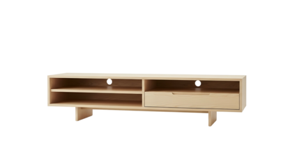 Minimalist light wood entertainment console positioned against a dark background
