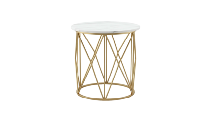 Round accent table featuring a white top and a geometric golden metal base is isolated on black