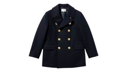 Double breasted navy blue outer garment features shining golden circular fasteners against a solid black background