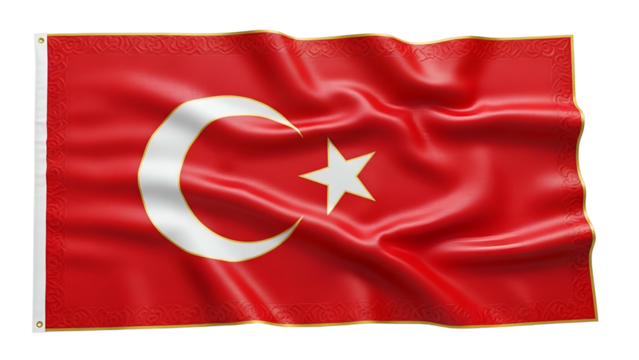 Nation?s emblem fabric billows dramatically with subtle decorative border detailing against a dark backdrop