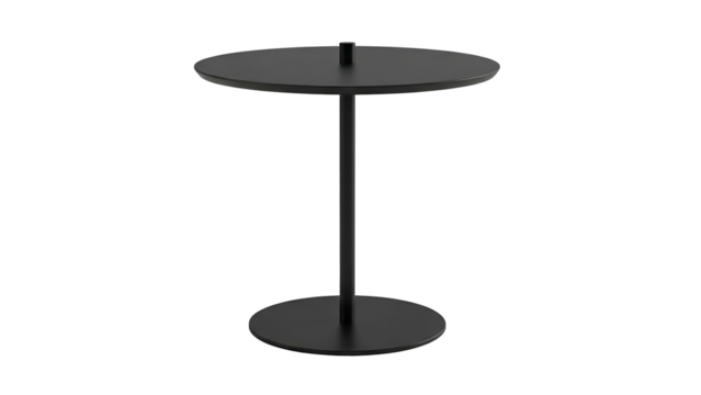 Minimalist small round side table stands isolated against a solid black background