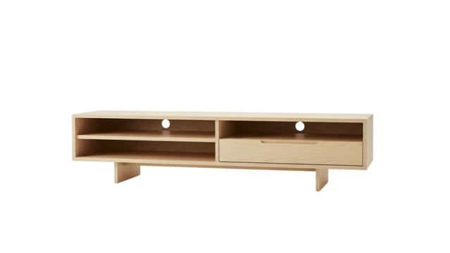 Minimalist light wood entertainment console positioned against a dark background