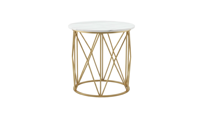 Round accent table featuring a white top and a geometric golden metal base is isolated on black