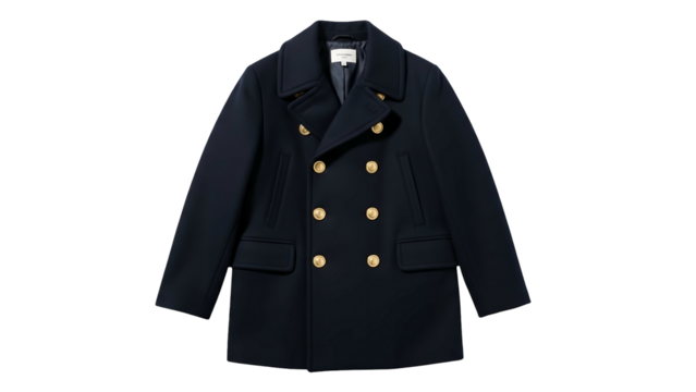 Double breasted navy blue outer garment features shining golden circular fasteners against a solid black background