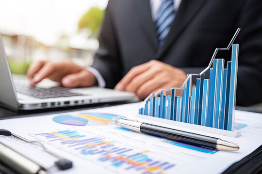 A business professional analyzes data on a laptop with a graphical report and a 3D chart, symbolizing growth and success in financial planning.