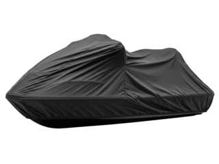 Personal watercraft under a black protective storage cover on a transparent background