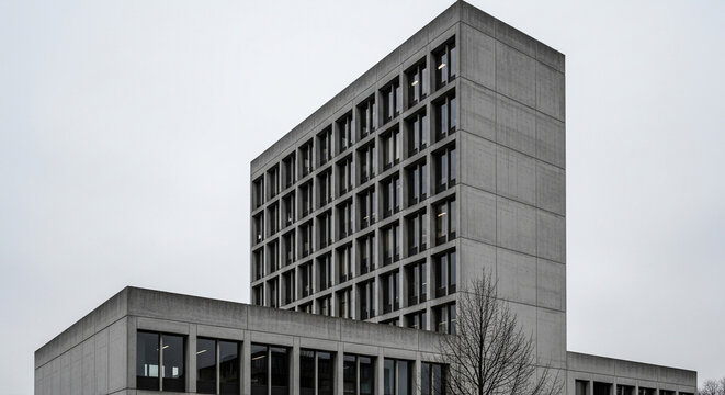 A tall, brutalist building rises against a cloudy sky, its concrete facade punctuated by rows of windows, a testament to modern architecture and urban design
