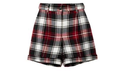 High waisted plaid shorts featuring a classic tartan pattern in deep red black and white hues isolated on a dark background