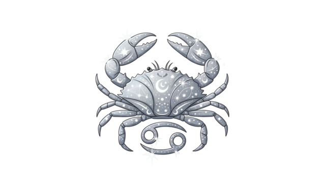Stylized depiction of the astrological sign for Cancer featuring a celestial crab design against a dark background