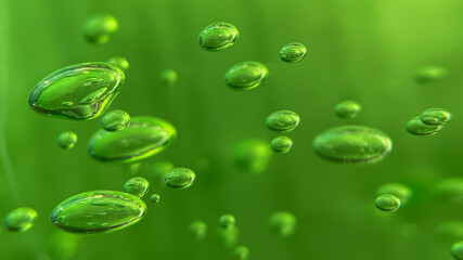 Macro photo of clear green aloe vera gel with air bubbles. Abstract texture for natural cosmetics, moisturizing, and skincare.