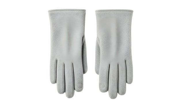 Pair of elegant light gray textile hand coverings displayed against a dark background